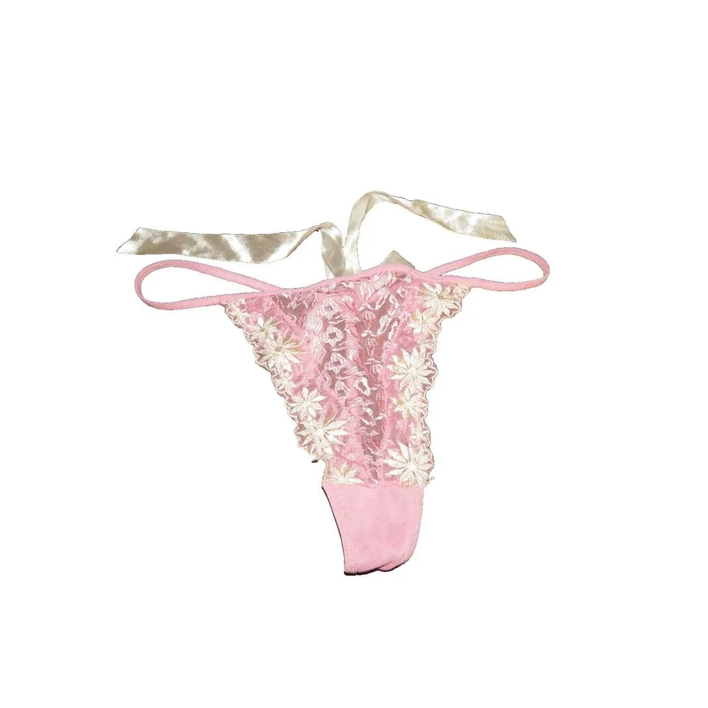 Vintage Glamour Pink Mesh Embroidered Thong Panties Satin Back Bow Size XL - Picture 4 of 14